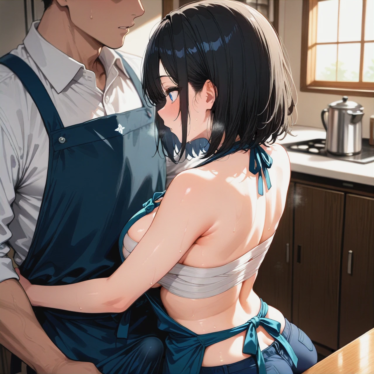 Kitchen, , apron, eatery, (sarashi), (grinding), 1boy, 1girl, (sideboob), (full_body)