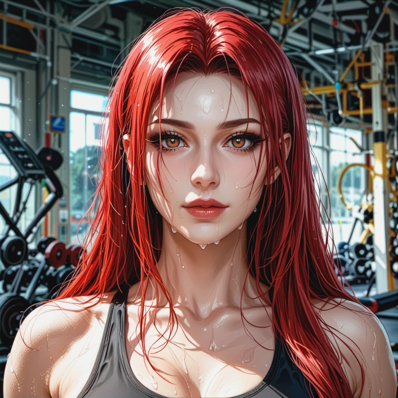 Mitsuru Kirijo with big boobs, {{illustration}}, {{realistic brown eyes with black pupils}}, {{black fitness top}}, {{dark sunglasses}}, (yandere), red long hair, , {{black eyeliner}}, very long eyelashes, {{beautiful facial oval}}, {{pale gray skin}}, doing morning exercises sweating, middle ground, {{blurry rocking background}}, contrasting light and shadows, photorealism, sharpness, style: Cinematic