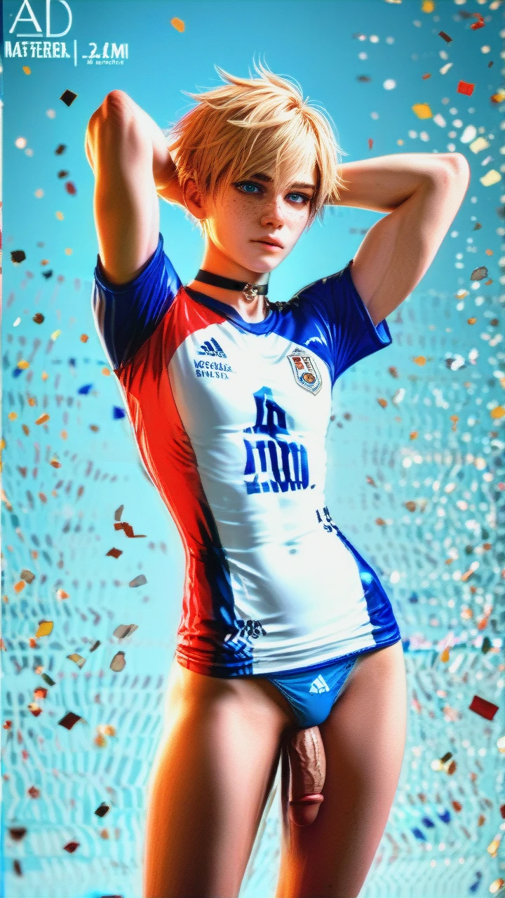 1boy,3d, adorable face,pretty boy, freckles, blue eyes, emo blonde,  skinny, skinny arms, skinny legs, white paled skin,teenager, posing, soccer clothes,flat chest, choker, panties down, penis veiny , freckles ass, arms behind head