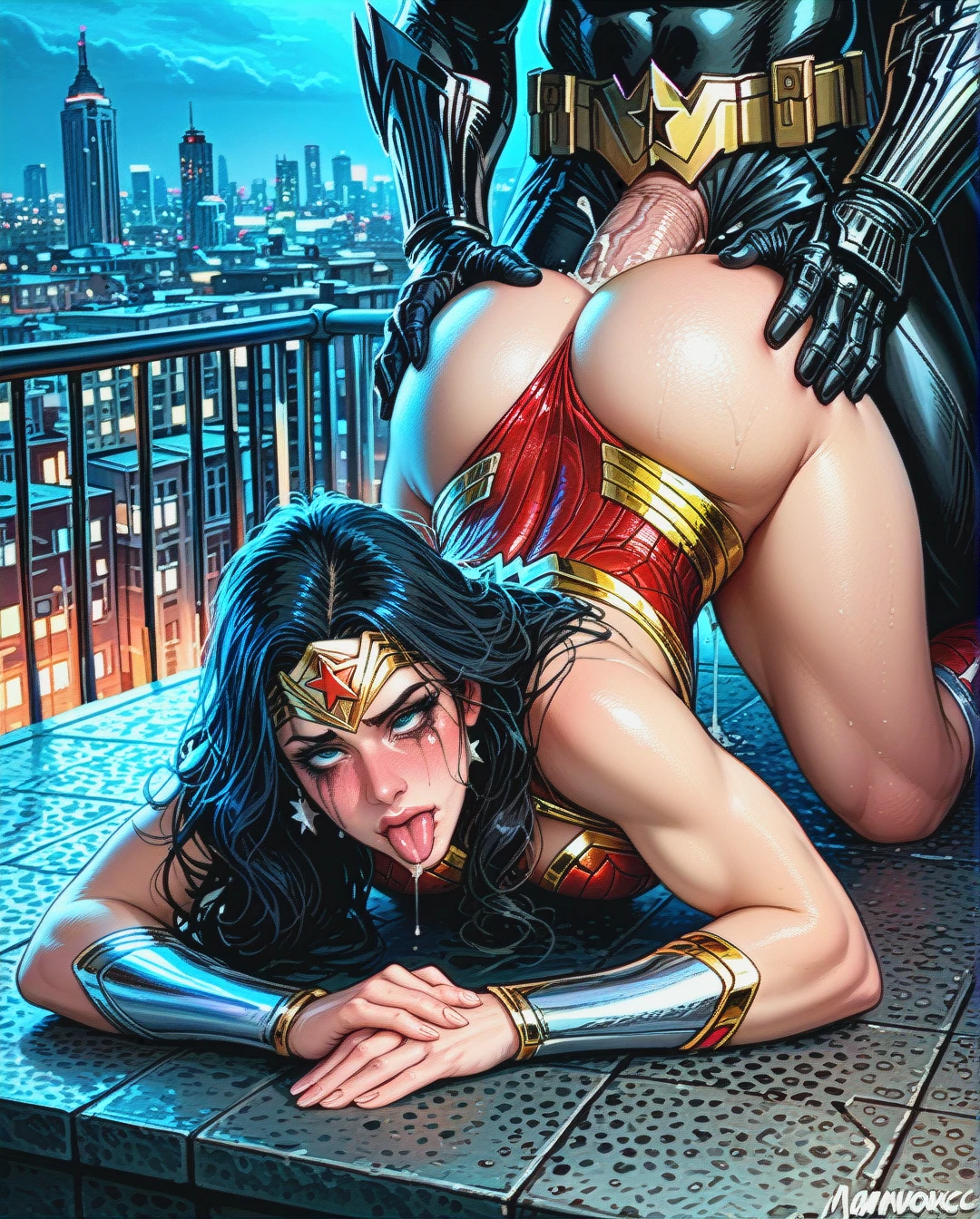 Wonder Woman, full costume, face down ass up, anal sex doggystyle, runny makeup, blushing, tongue out, orgasm, eyes rolling, thick extreme massive bulging veiny hyper penis bigger than arm, Batman full costume, Gotham city rooftop, night