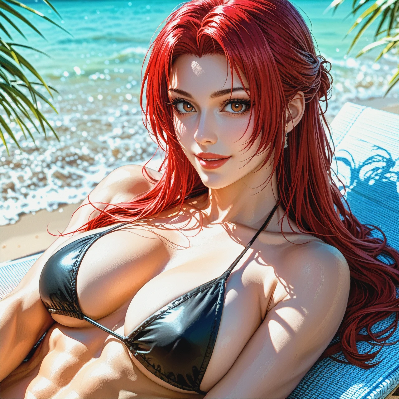 Mitsuru Kirijo is muscular with big breasts, (happy), {{illustration}}, {{realistic brown eyes with black pupils}}, (bikini_pull), she is sunbathing, long red hair, {{black eyeliner}}, very long eyelashes, {{beautiful oval face}}, {{pale gray skin}}, {{realistic hands}}, medium background, {{blurred background of azure beach}}, contrasting light and shadows, photorealism, sharpness, style: cinematic