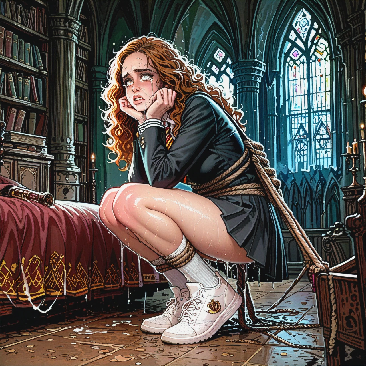 hermione granger, big eyes, school uniform, sneakers, castle, bedroom, rope bondage, crying, sweaty, orgasmic, @harry_potter, huge cock, anal