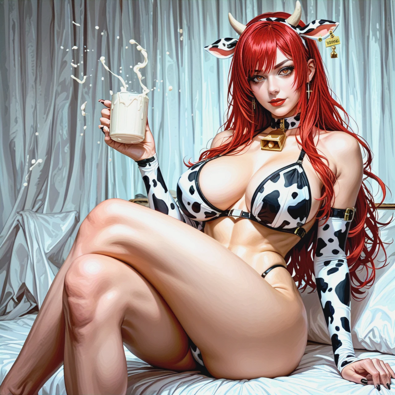 Mitsuru Kirijo with large breasts in a cow costume, {{illustration}}, {{realistic brown eyes with black pupils}}, {{she stands by the bed with a mug of milk}}, red long hair , {{black eyeliner}}, very long eyelashes, {{beautiful oval face}}, (naughty_face),  (crossed_legs) , {{pale gray skin}}, {{{{realistic hands}}},  the middle plan, contrasting light and shadows, photorealism, sharpness, style: cinematic