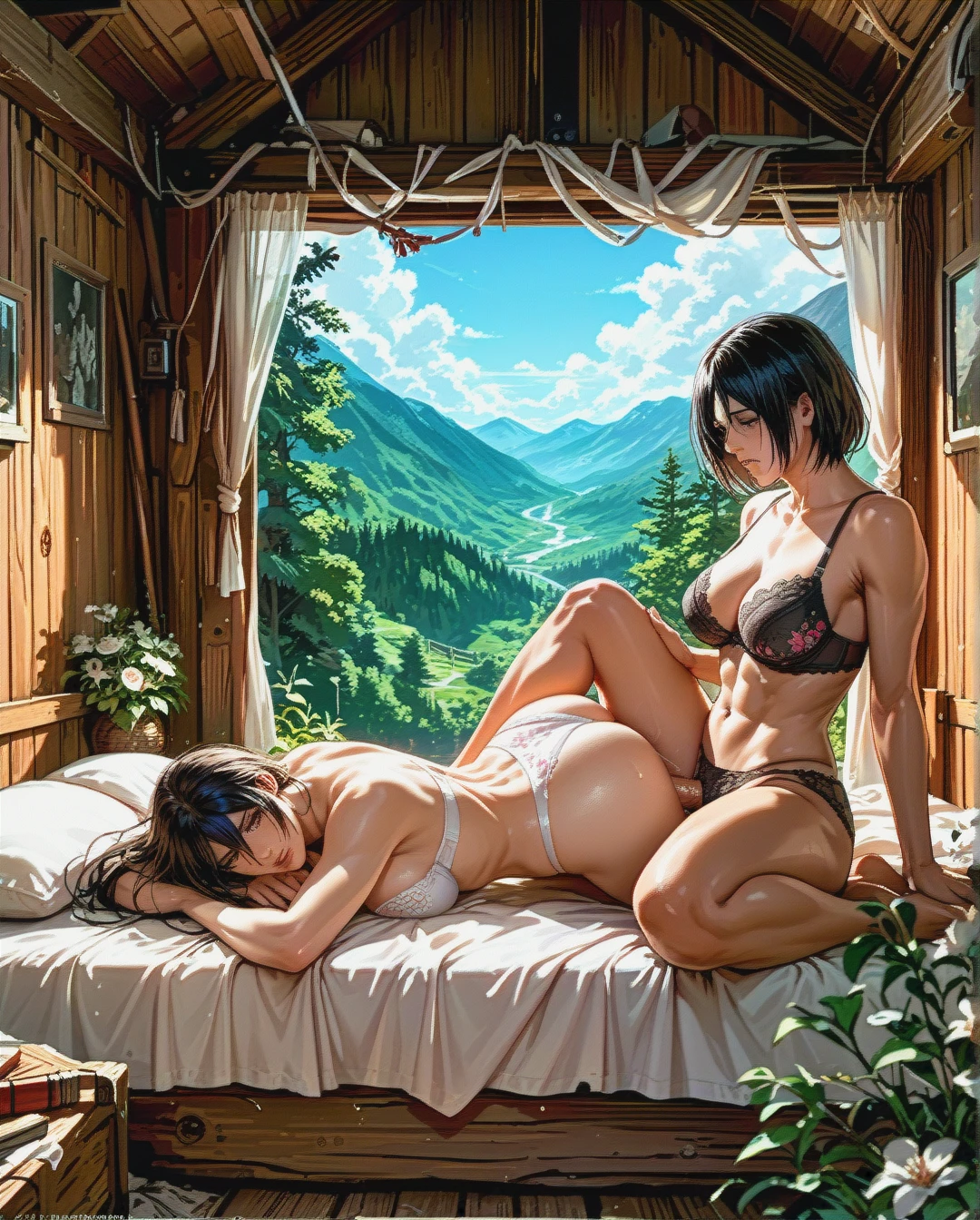 Mikasa mature women,attack on Titan get fucked sex double penetrated on bed,bra white floral pink, panties white floral pink,cabin in the mountains