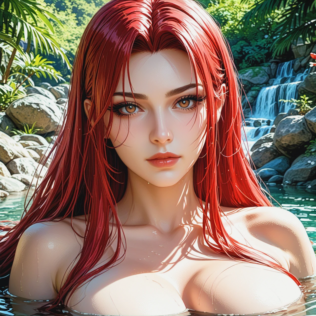 Mitsuru Kirijo with large breasts, {{illustration}}, {{realistic brown eyes with black pupils}}, {{nude}}, red long hair, , {{black eyeliner}}, very long eyelashes, {{beautiful oval face}}, {{pale gray skin}}, close-up, {{relaxing at the hot springs with Rudeus Greyrat, who put his head between her tits}}, contrasting light and shadows, photorealism, sharpness, style: Cinematic