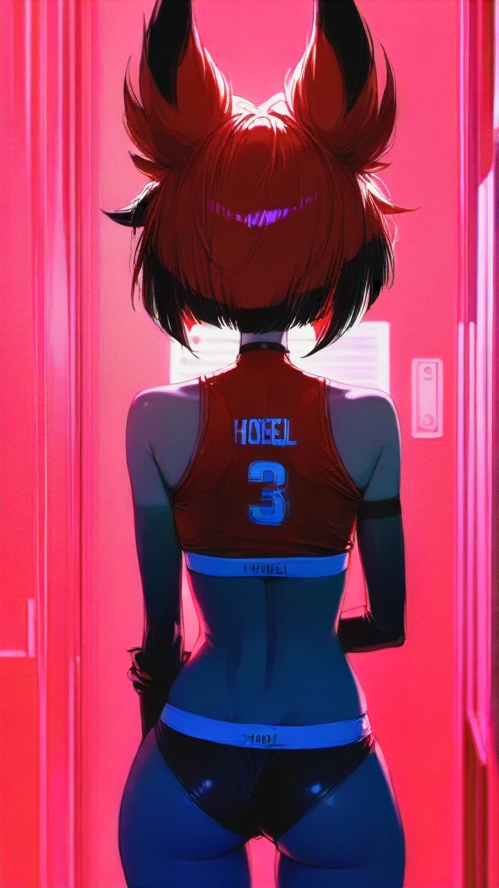 @alastor_(hazbin_hotel), sports top red, sports panties white,