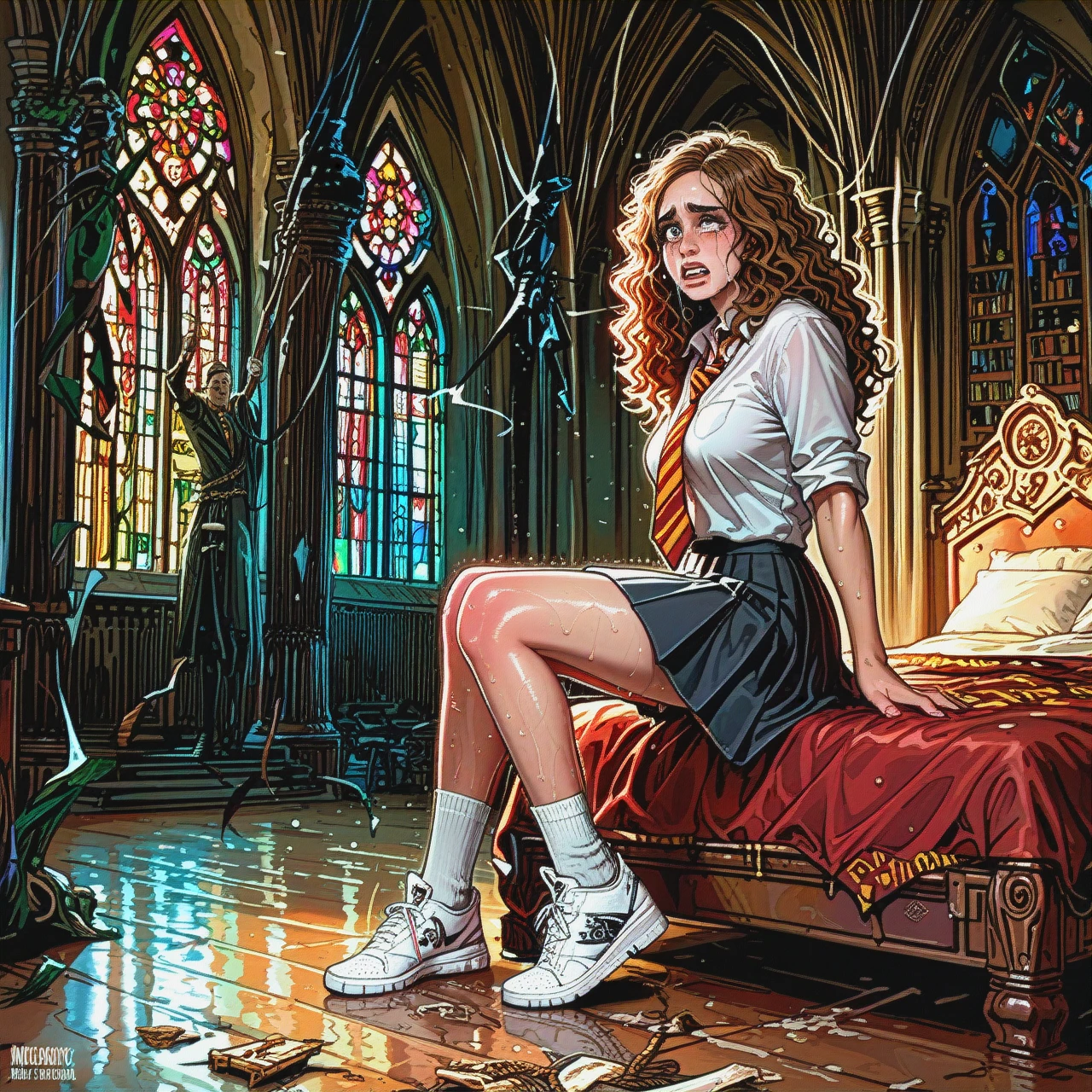 hermione granger, big eyes, school uniform, sneakers, castle, bedroom, rope bondage, crying, sweaty, orgasmic, @harry_potter, huge cock, anal