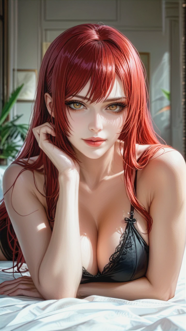 Mitsuru Kirijo with big breasts, {{illustration}}, {{realistic brown eyes with black pupils}}, {{black top}}, she sits on the bed with her legs dangling in stockings, (yandere), long red hair, {{black eyeliner}}, very long eyelashes, {{beautiful oval face}}, {{pale gray skin}}, her slave Rudeus Greyrat licks her feet, (femdom), {{blurred background of a rich bedroom}}, contrasting light and shadows, photorealism, sharpness, style: cinematic