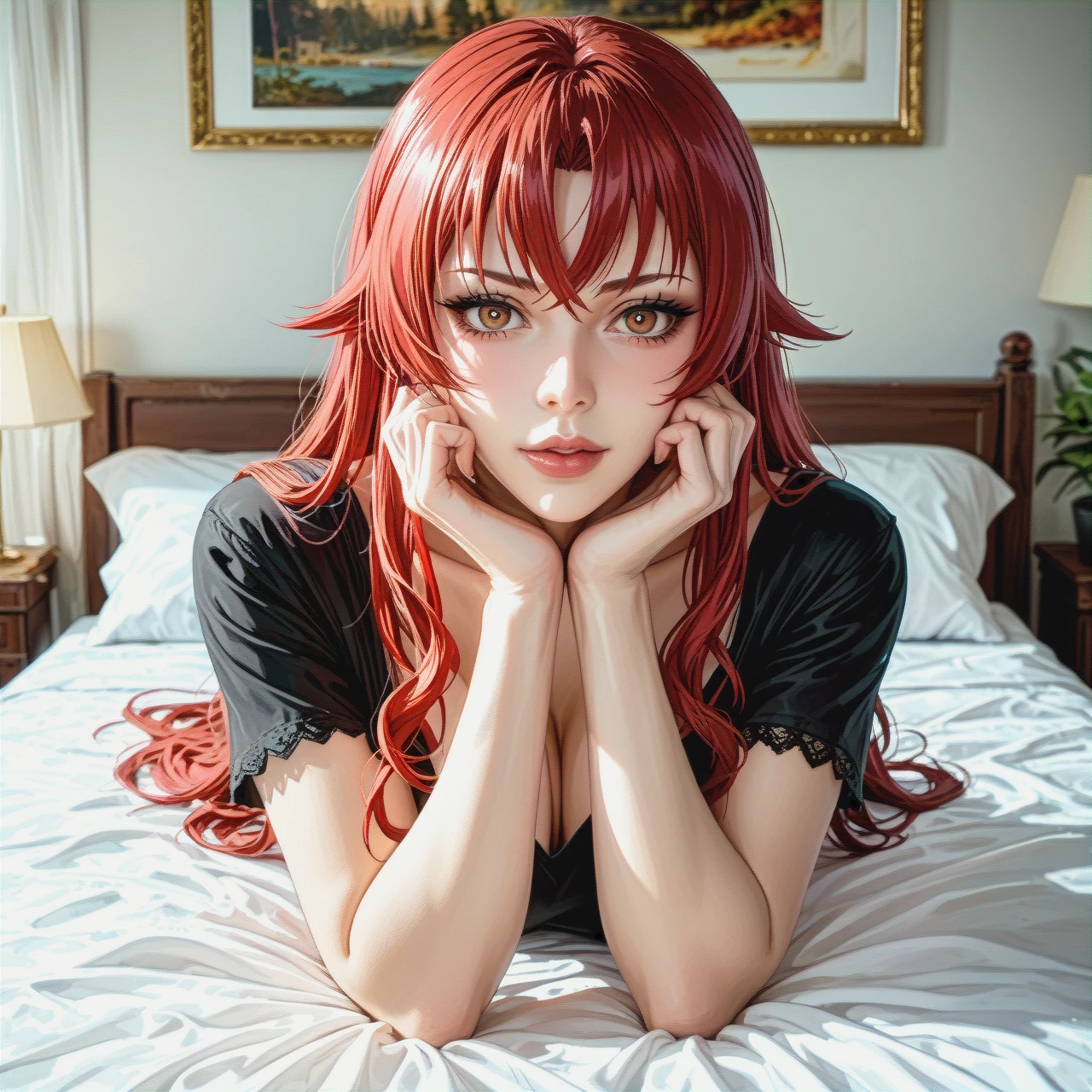 Mitsuru Kirijo , {{{{her slave @rudeus_greyrat  licks her feet}}}} {{illustration}}, {{realistic brown eyes with black pupils}}, {{black top}}, she sits on the bed, (yandere), long red hair, {{black eyeliner}}, very long eyelashes, {{beautiful oval face}}, {{pale gray skin}}, medium plan, {{blurred background of a rich bedroom}}, contrasting light and shadows, photorealism, sharpness, style: cinematic