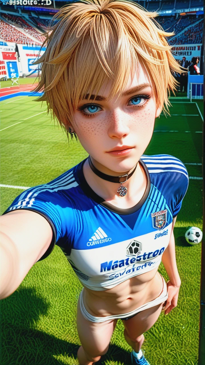 1boy,3d, adorable face,pretty boy, freckles, blue eyes, emo blonde,  skinny, skinny arms, skinny legs, white paled skin,teenager, posing, provocative,high angle selfie,, soccer clothes,flat chest, choker, panties down, penis