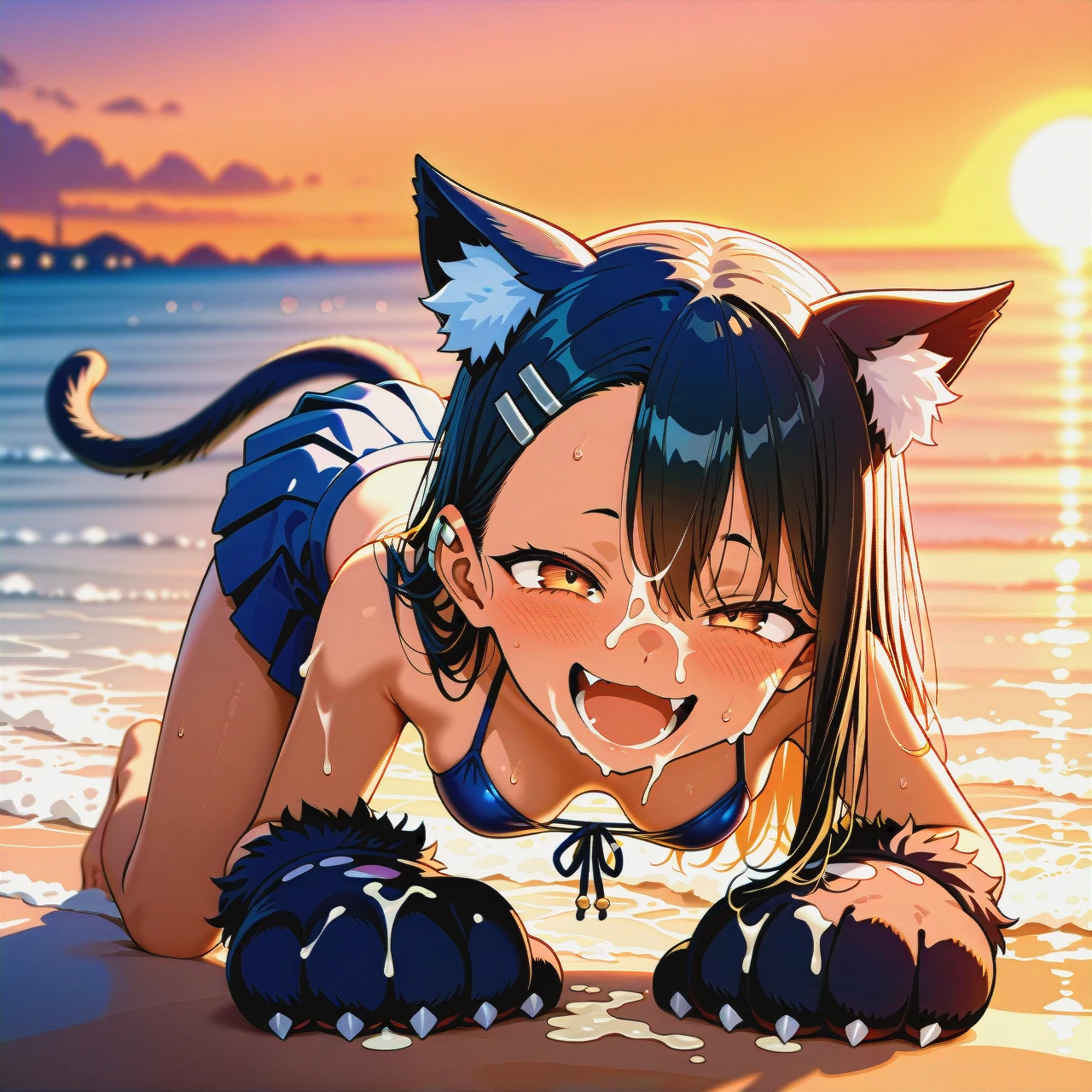 Hayase Nagatoro, mischievous look, laughing with open mouth, cat ears, cat paw gloves, cat tail, dressed in bikini and pleated mini skirt, cleavage, on all fours, on the beach, sunset, play of shadows, beautiful lighting, subtle pastel tones, (bukkake)