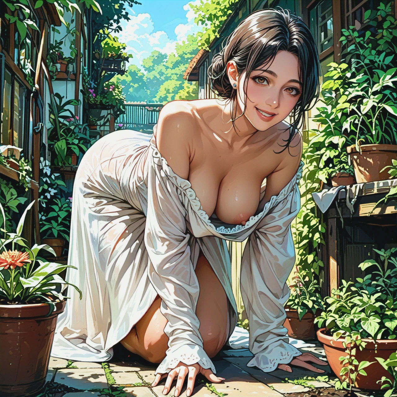 Solo, Milf, loose white dress, both sleeves off shoulder, downblouse, big tits, smiling, bending forward, gardening, on knees, nipples