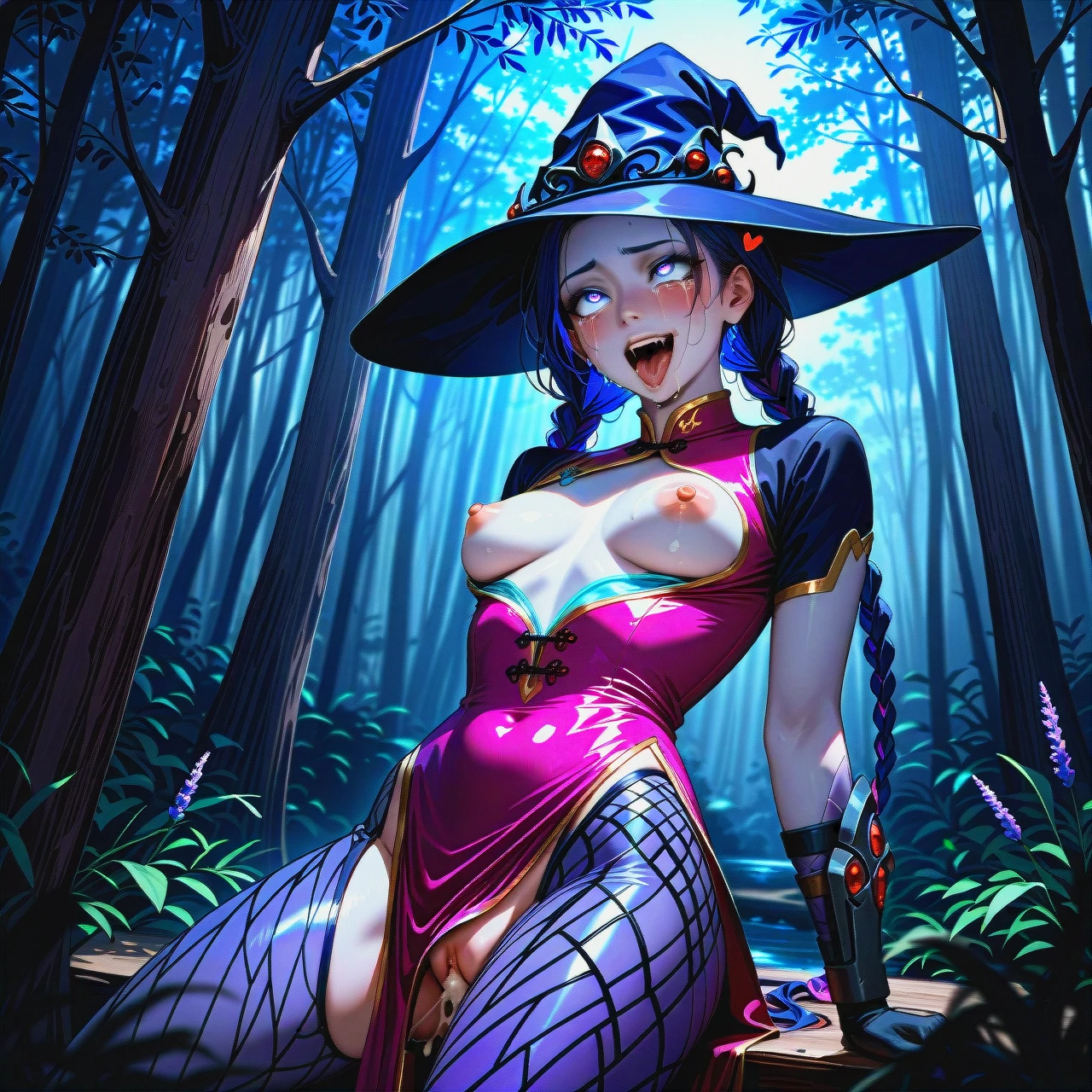 Widowmaker, in forest, glowing blue eyes, heart shaped pupils, standing missionary creampie with boobs out, multi color hair, screaming and crazy smile ahegao with tears, lavender color tights with blue lingerie, gold chinese martial arts dress, witch hat, braided pigtails,