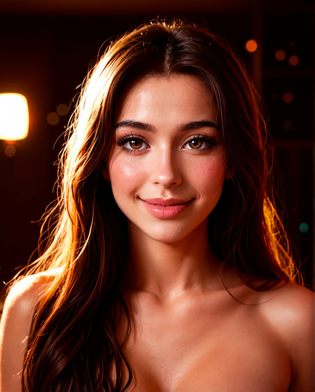 ((cinematic-style)), detailed texture, correct anatomy, (((20))), ((NATIVE JAVANESE)), young, cute, innocent, round face, brown eyes, FAIR skin, natural makeup, pink-lips, blush-on, glasshour body, professional lighting, soft light, sharp focus, depth of field, 8k photo, (((portrait SHOT, face focus))), ((BIG tits)), (black, long hair, PONY TAIL, BANGS), (shy FACE, SLIGHTLY SMILE), ((TOPLESS)), ((In a dark ROOM, low light)), bokeh background, goldenhour, backlight, stand up, (blurry foreground), subject-framing, volumetric light,