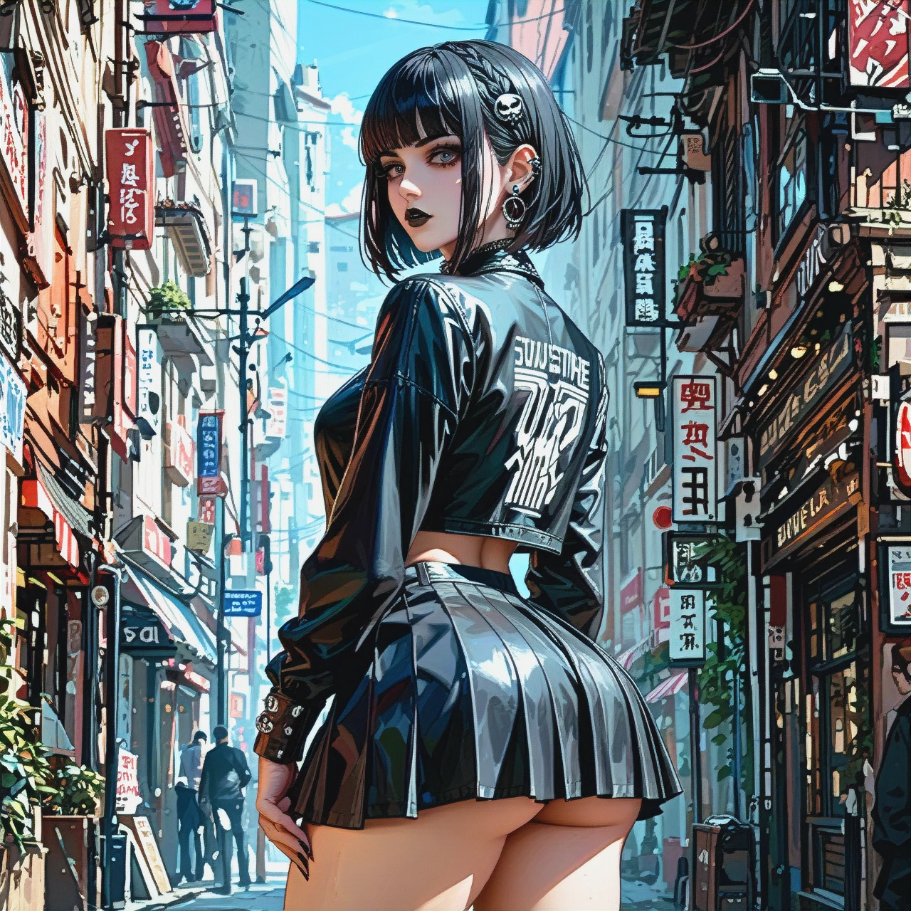 big butt goth. 1 girl. Black mini skirt .square bob hairstyle