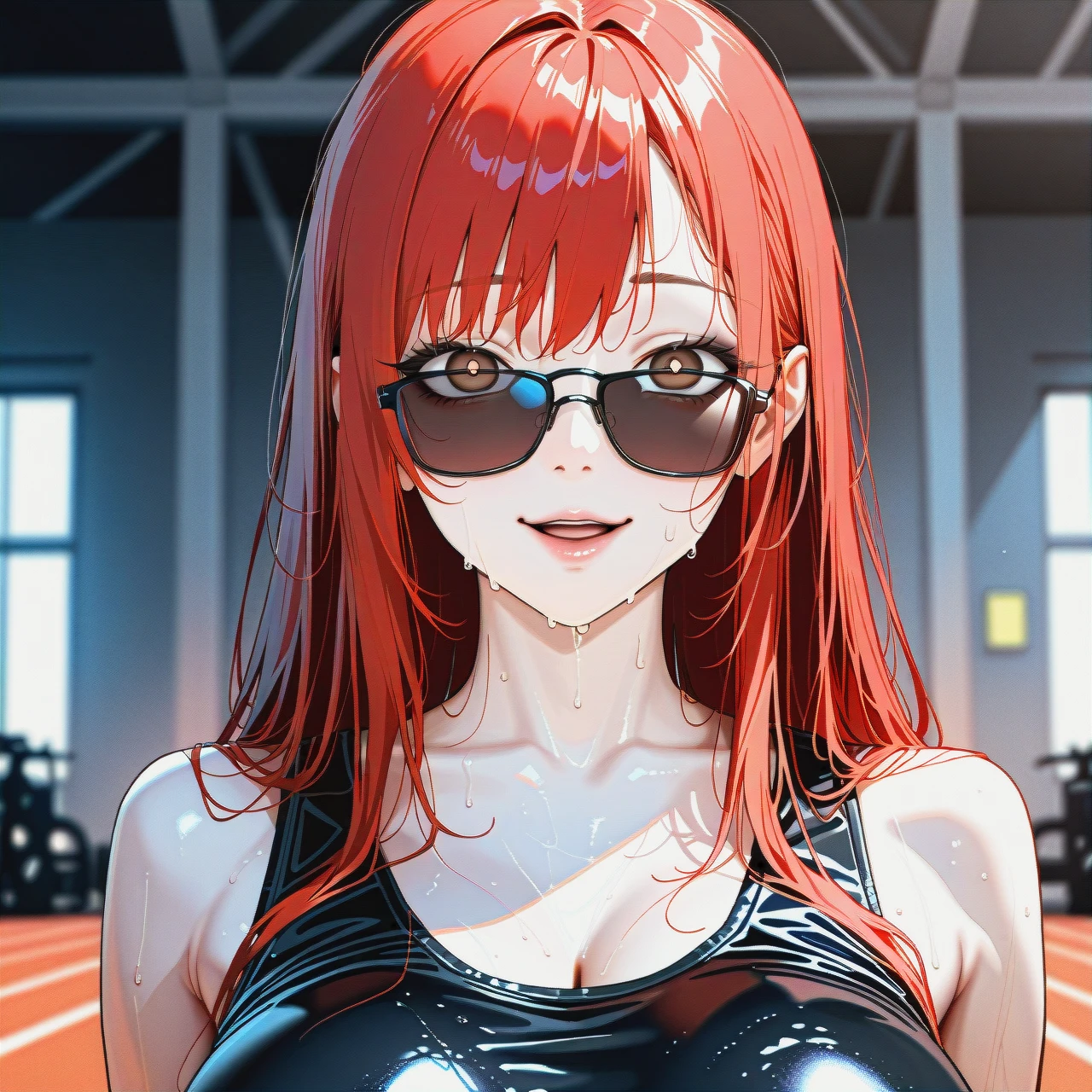 Mitsuru Kirijo with big boobs, {{illustration}}, {{realistic brown eyes with black pupils}}, {{black fitness top}}, {{dark sunglasses}}, (yandere), red long hair, , {{black eyeliner}}, very long eyelashes, {{beautiful facial oval}}, {{pale gray skin}}, doing morning exercises sweating, middle ground, {{blurry rocking background}}, contrasting light and shadows, photorealism, sharpness, style: Cinematic