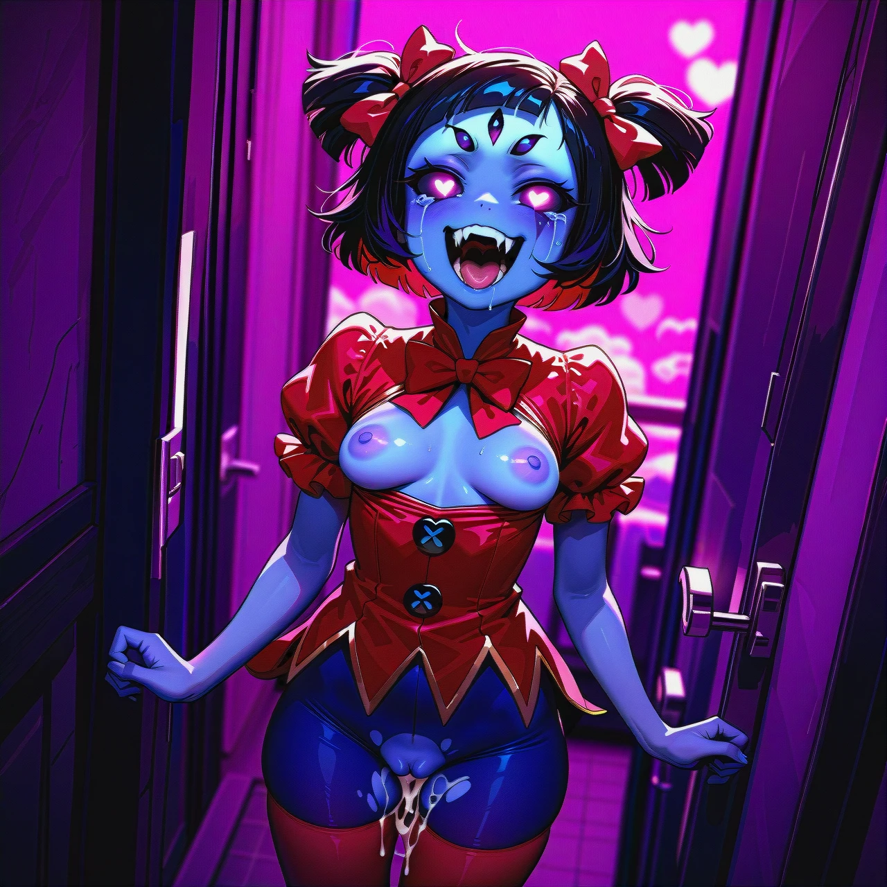 @muffet, glowing  eyes, heart shaped pupils, standing missionary creampie big boobs out, multi color hair, screaming and crazy smile with tears, lavender color tights with blue lingerie, ripped gold chinese martial arts dress