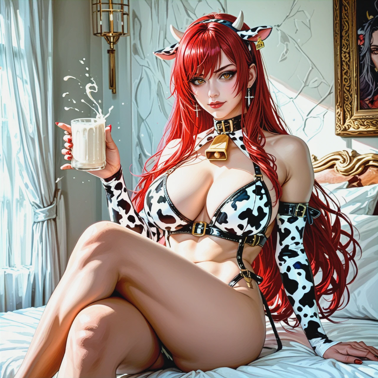 Mitsuru Kirijo with large breasts in a cow costume, {{illustration}}, {{realistic brown eyes with black pupils}}, {{she stands by the bed with a mug of milk}}, red long hair , {{black eyeliner}}, very long eyelashes, {{beautiful oval face}}, (naughty_face),  (crossed_legs) {{pale gray skin}},  the middle plan, contrasting light and shadows, photorealism, sharpness, style: cinematic