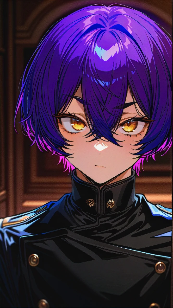 gender boy, boy, purple hair color, voluminous hair, ear-length haircut, heavy hair, large black eyebrows, haughty look, narrow square eye shape, golden eyes, double chin, male face, facing the viewer, full body,