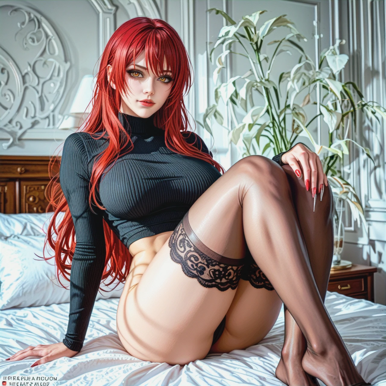 Mitsuru Kirijo with big breasts, {{illustration}}, {{realistic brown eyes with black pupils}}, {{black top}}, she sits on the bed with her legs dangling in stockings, (yandere), long red hair, {{black eyeliner}}, very long eyelashes, {{beautiful oval face}}, {{pale gray skin}}, {{{{her slave Rudeus Greyrat licks her feet}}}}, (femdom), medium plan, {{blurred background of a rich bedroom}}, contrasting light and shadows, photorealism, sharpness, style: cinematic