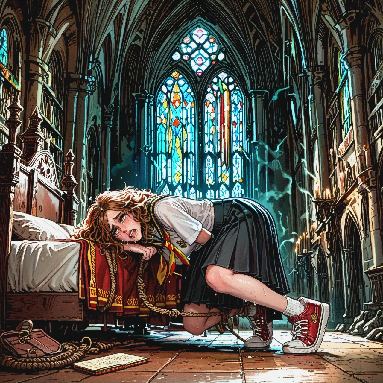 hermione granger, big eyes, school uniform, sneakers, castle, bedroom, rope bondage, crying, sweaty, orgasmic, @harry_potter, huge cock, anal