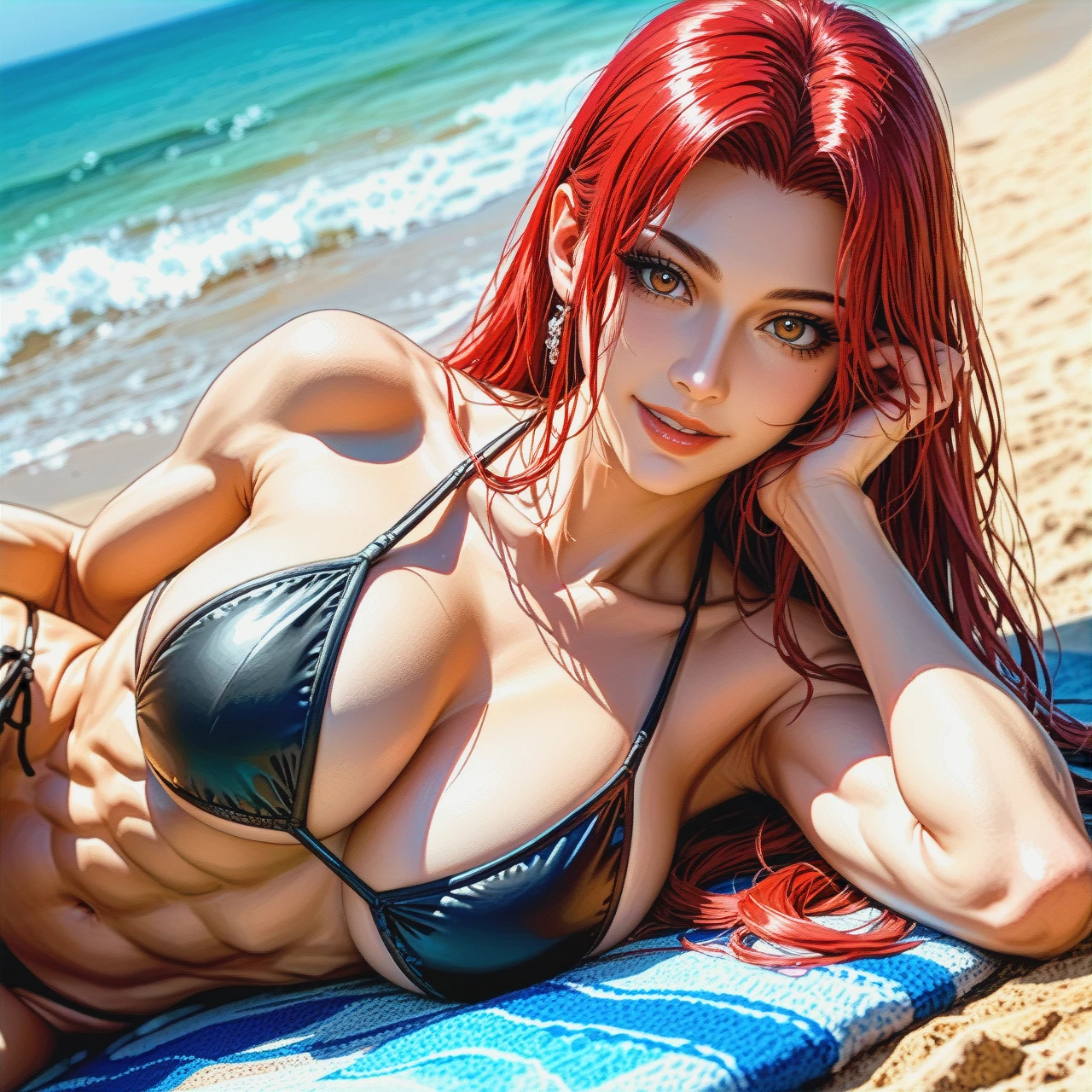 Mitsuru Kirijo is muscular with big breasts, (happy), {{illustration}}, {{realistic brown eyes with black pupils}}, (bikini_pull), she is sunbathing, long red hair, {{black eyeliner}}, very long eyelashes, {{beautiful oval face}}, {{pale gray skin}}, {{realistic hands}}, medium background, {{blurred background of azure beach}}, contrasting light and shadows, photorealism, sharpness, style: cinematic