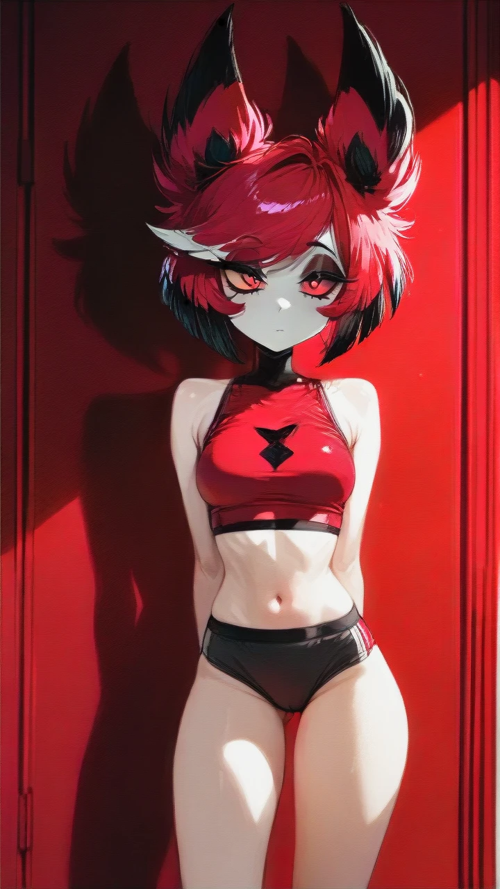 @alastor_(hazbin_hotel), sports top red, sports panties white,