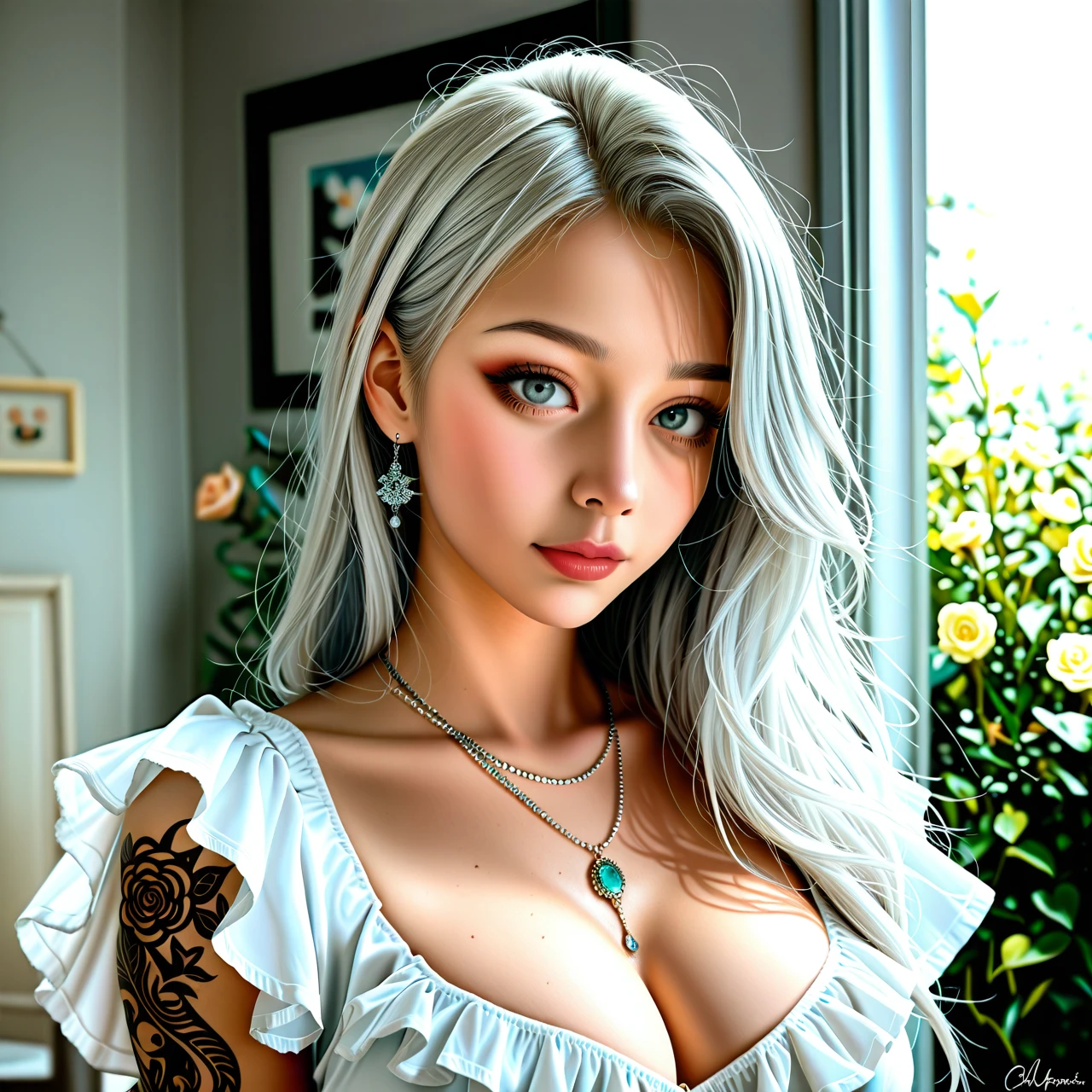 Erotic anime girl with long silver hair, elegant strict clothes including a blouse with a deep neckline on her chest. Her body is decorated with tattoos with flowers and geometric patterns.The background is minimalistic and monochrome, the art style is soft light and detailed drawing in anime style.