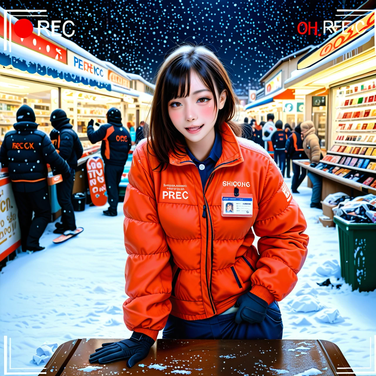 Rec_symbol, recording, (adjusting_pants),(drunk), (arm_support), down_jacket,shop, employee_uniform , snowfall, gloves, snowboard , people, trash_bin, (v) , 1girl