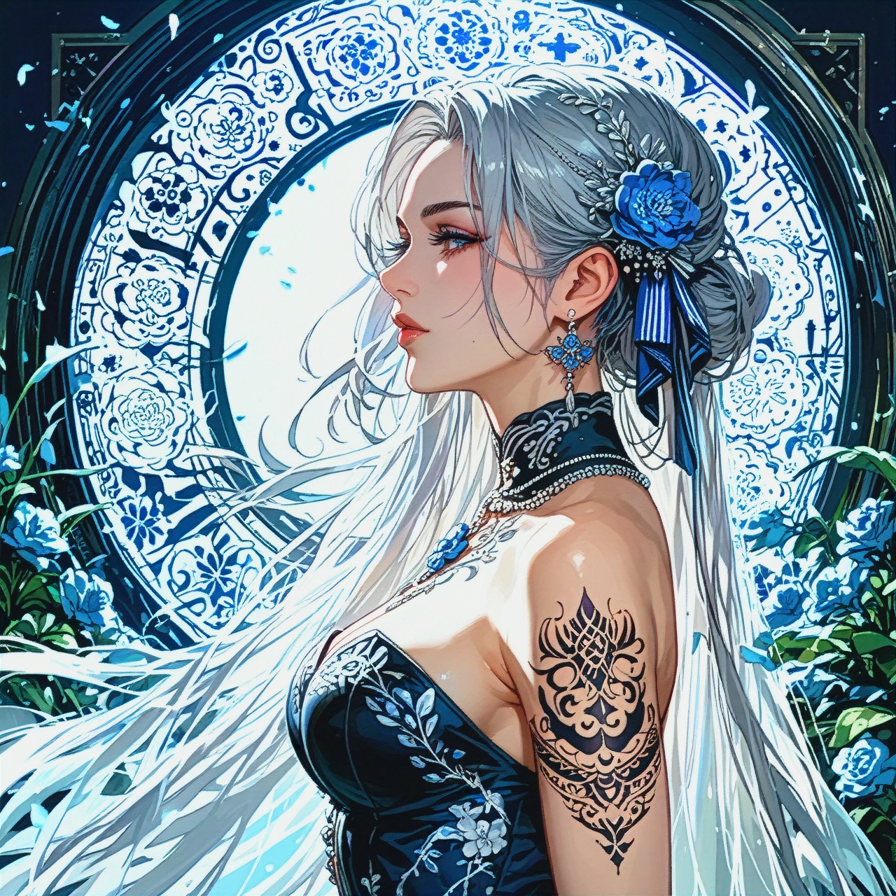 Erotic anime girl with long silver hair, elegant strict clothes including a blouse with a deep neckline on her chest. Her body is decorated with tattoos with flowers and geometric patterns.Soft light and detailed drawing in anime (breastless_clothes)