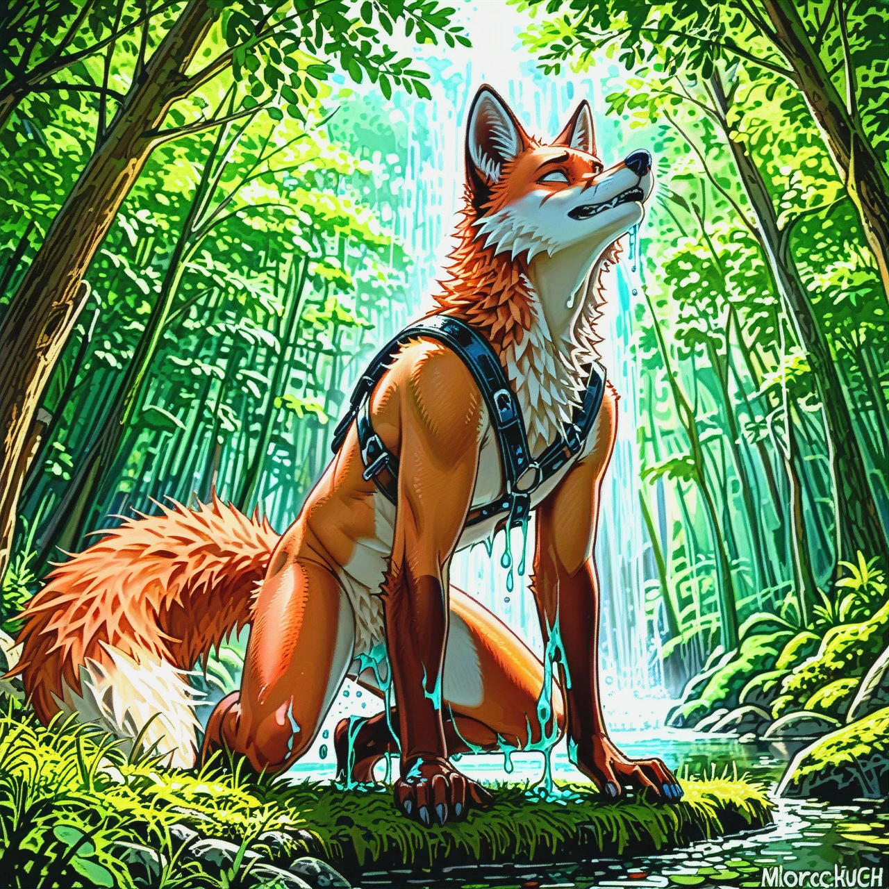 A red fox, depicted in a digital illustration style, is positioned in a forest clearing. The fox appears anthropomorphic with exaggerated musculature. It's a medium-sized, reddish-brown fox with a long, fluffy tail and black accents on its legs and tail tip. It is wearing a dark-colored leather harness. The fox's genitals are highly detailed and exaggerated.  A clear liquid is dripping from its genitals, onto the ground.  The fox is in motion, its body angled slightly, and looking downward towards the ground.  The ground is covered with fallen leaves and a shallow stream of water is present. The forest background is comprised of various shades of green, brown and grey trees. The lighting is bright and natural, emphasizing the textures of the fur and details on the fox. The overall style is realistic yet stylized with emphasis on the fox's anatomy and an exaggerated pose. The perspective is a slightly low angle, looking up at the fox, highlighting the dripping liquid and the fox's movement. The focus is mainly