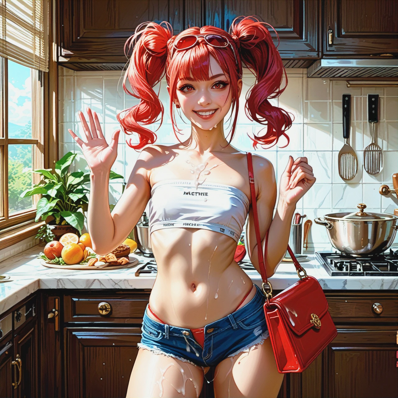 Realistic,beautoful,Kitchen,flat chest petite red head,full Hair twintails,micro hotpants,tube top,handbag,sunglasses smiling,cum on chest,waving,anal open