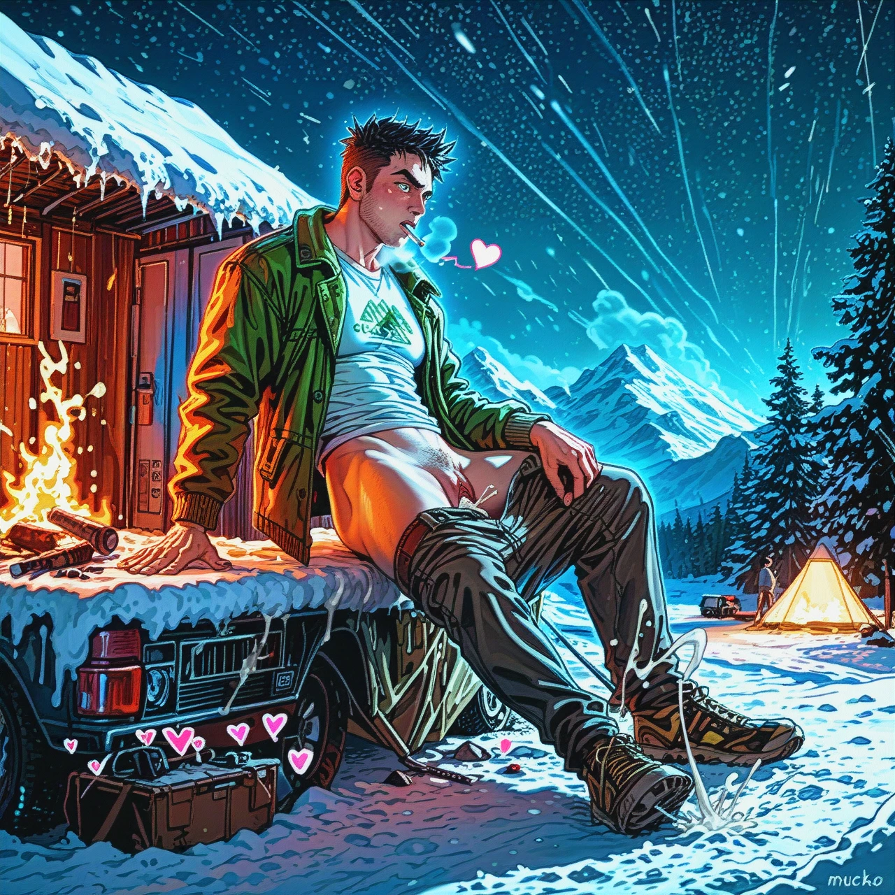 , night_club, neon, top_tank, (fucked_silly) , (full_body) (ejaculation), (hand_under_shirt), (vaginal) , (cum_in_pussy),stealth, penis, 1male ,  green_thong, pants, camp, mountain, snow , warm, down_jacker, poncho, cigarette, (heavy_breathing), (heart-shaped_eyes), (eye_contact)