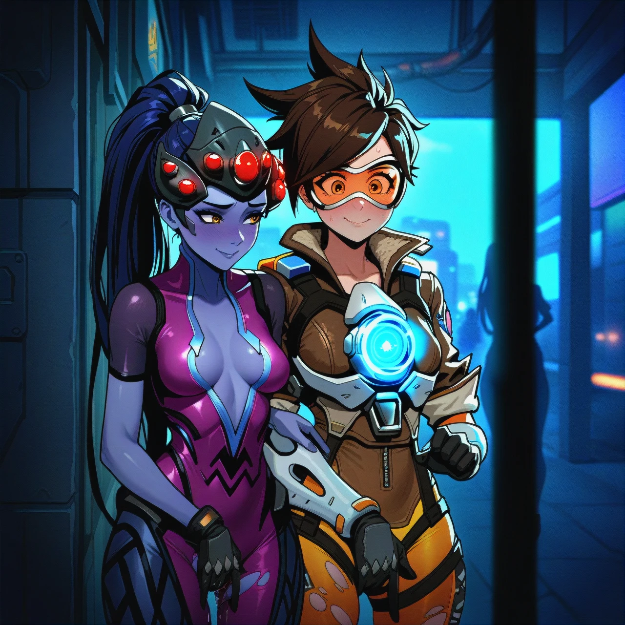 @tracer , night_club, neon, torn_clothes, (nervous_smile), (stealth_masturbation), @widowmaker