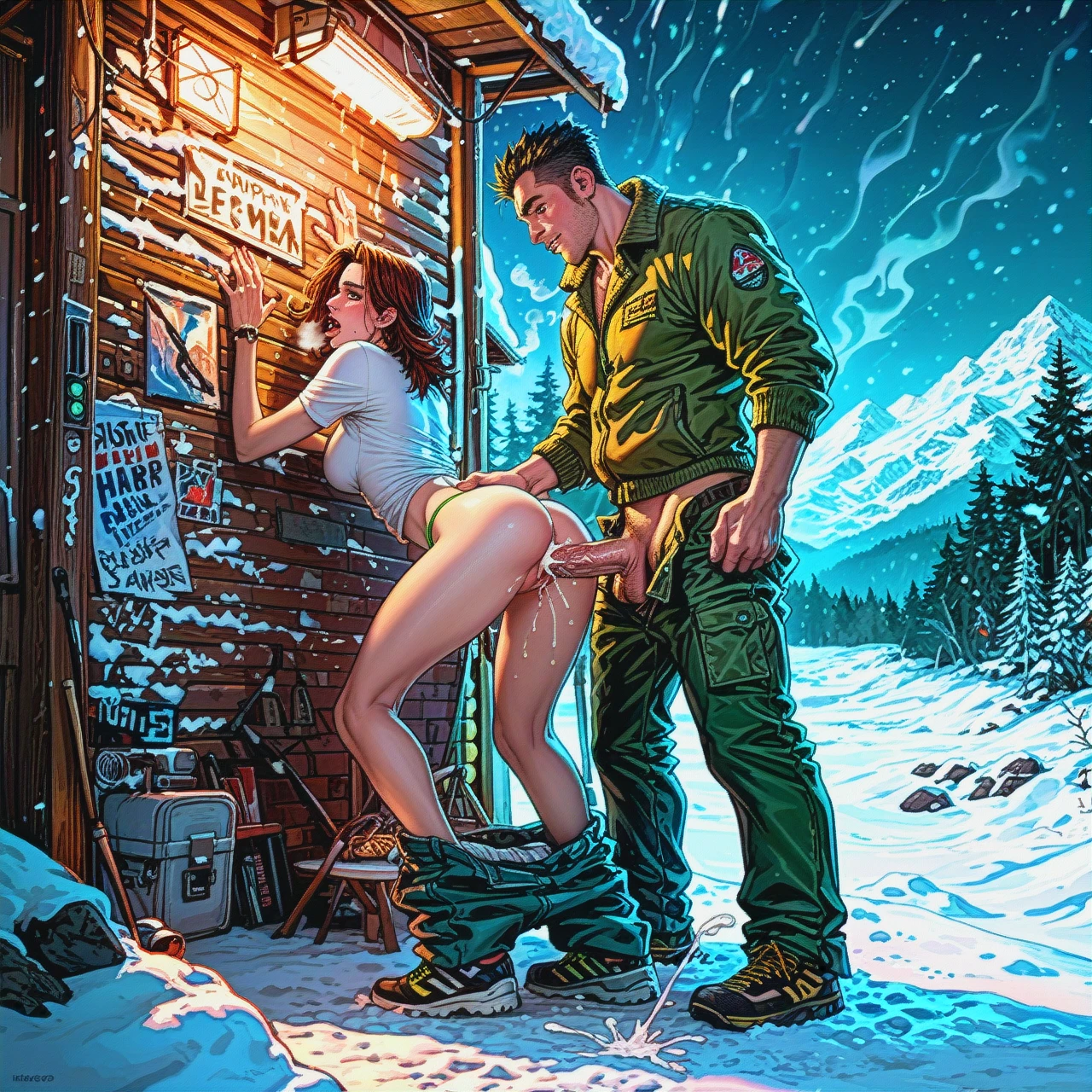 , night_club, neon, top_tank, (fucked_silly) , (full_body) (ejaculation), (hand_under_shirt), (vaginal) , (cum_in_pussy),stealth, penis, 1male ,  green_thong, pants, camp, mountain, snow , warm, down_jacker, poncho,, (heavy_breathing), (eye_contact), steam