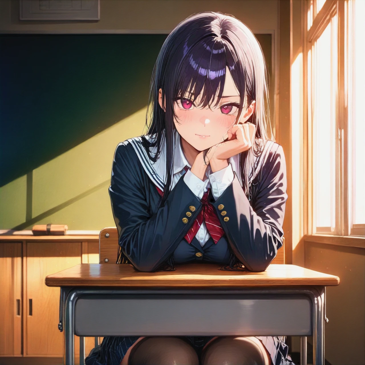 (Character horikita suzune from classroom of the elitee), in school uniform, sitting at a desk, front view