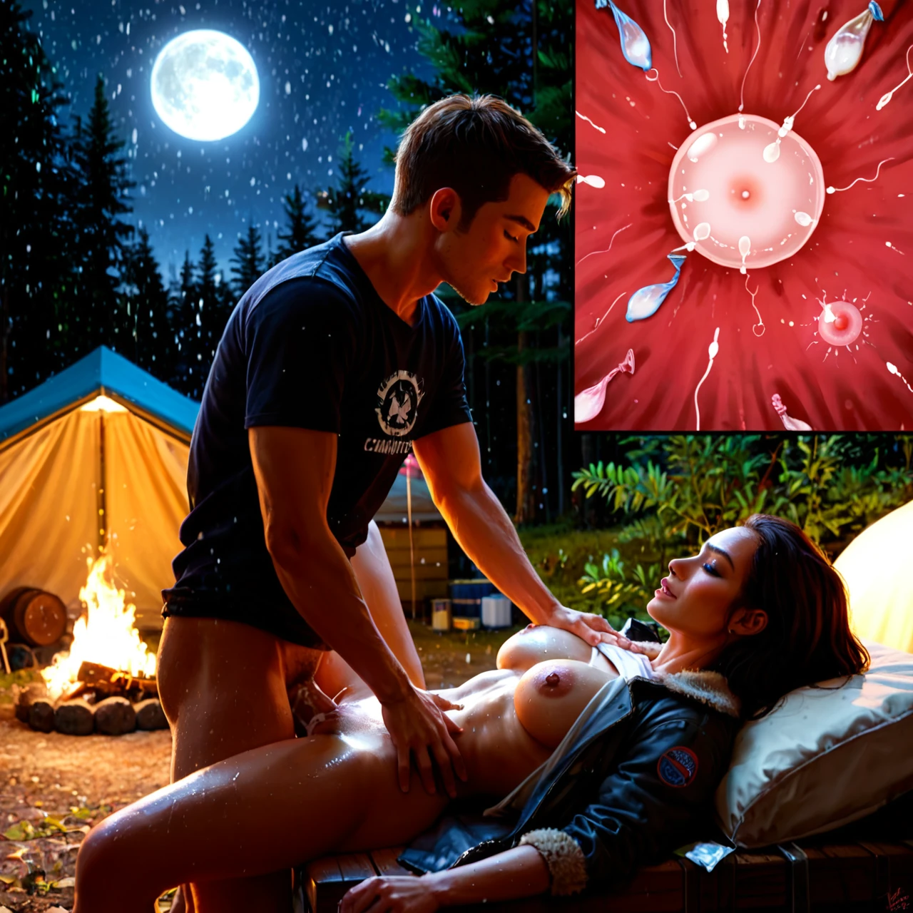 (taut_shirt) , (drunk), (profile), (deep_penetration) , coat, warm, wet, snowfall, camp, forest, evening , fire, moon, 1male, old, 1girl, female, milf, (cross-section), (cum_in_pussy), bubble, impregnation, (used_condom)