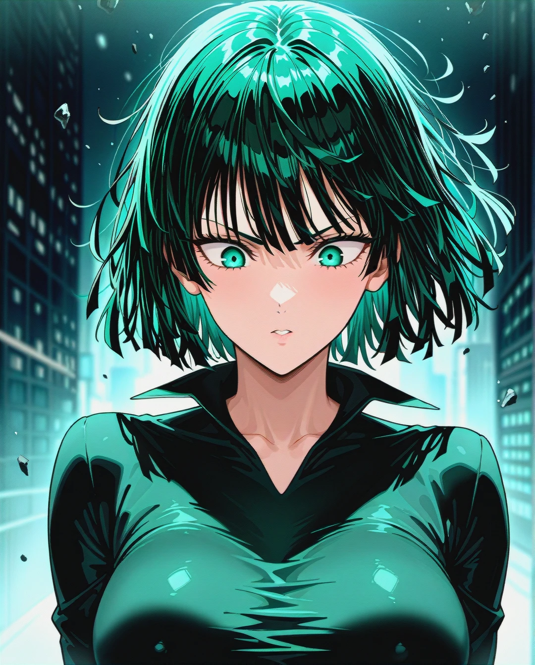 1girl, @fubuki_one-punch_man, (perfect face: 1,2), (beautiful eyes), in a black dress, floating in the air, (upper_body), looking down