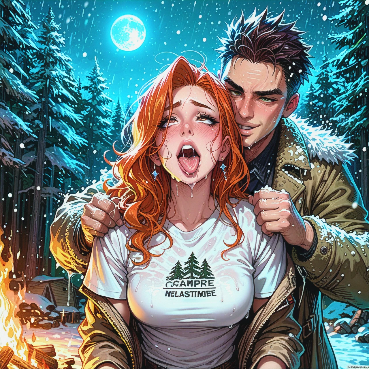 (taut_shirt) , (ahegao), (straight-on),  (ahegao), (deep_penetration) , coat, warm, wet, snowfall, camp, forest, evening , fire, moon