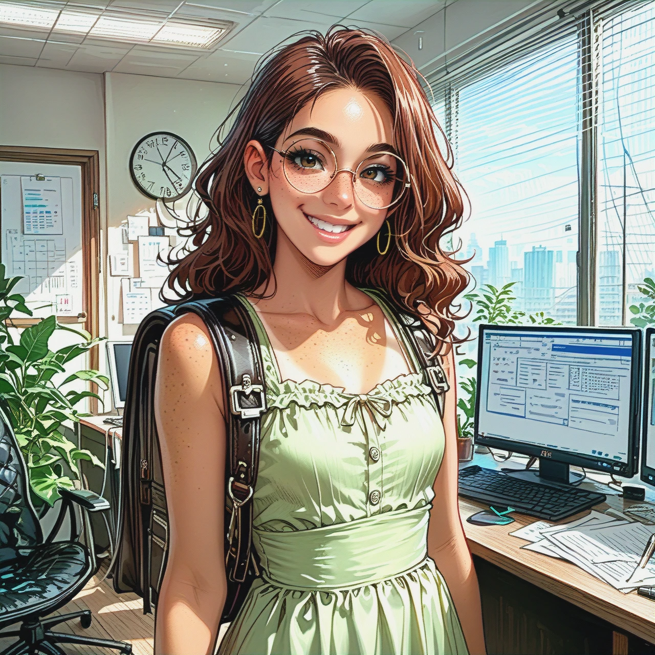 Office, slim latina girl (tan-lines) (flat_chest), (long wavy dark_brown hair), freckles, round glasses, light-green sundress,backpack,, smile