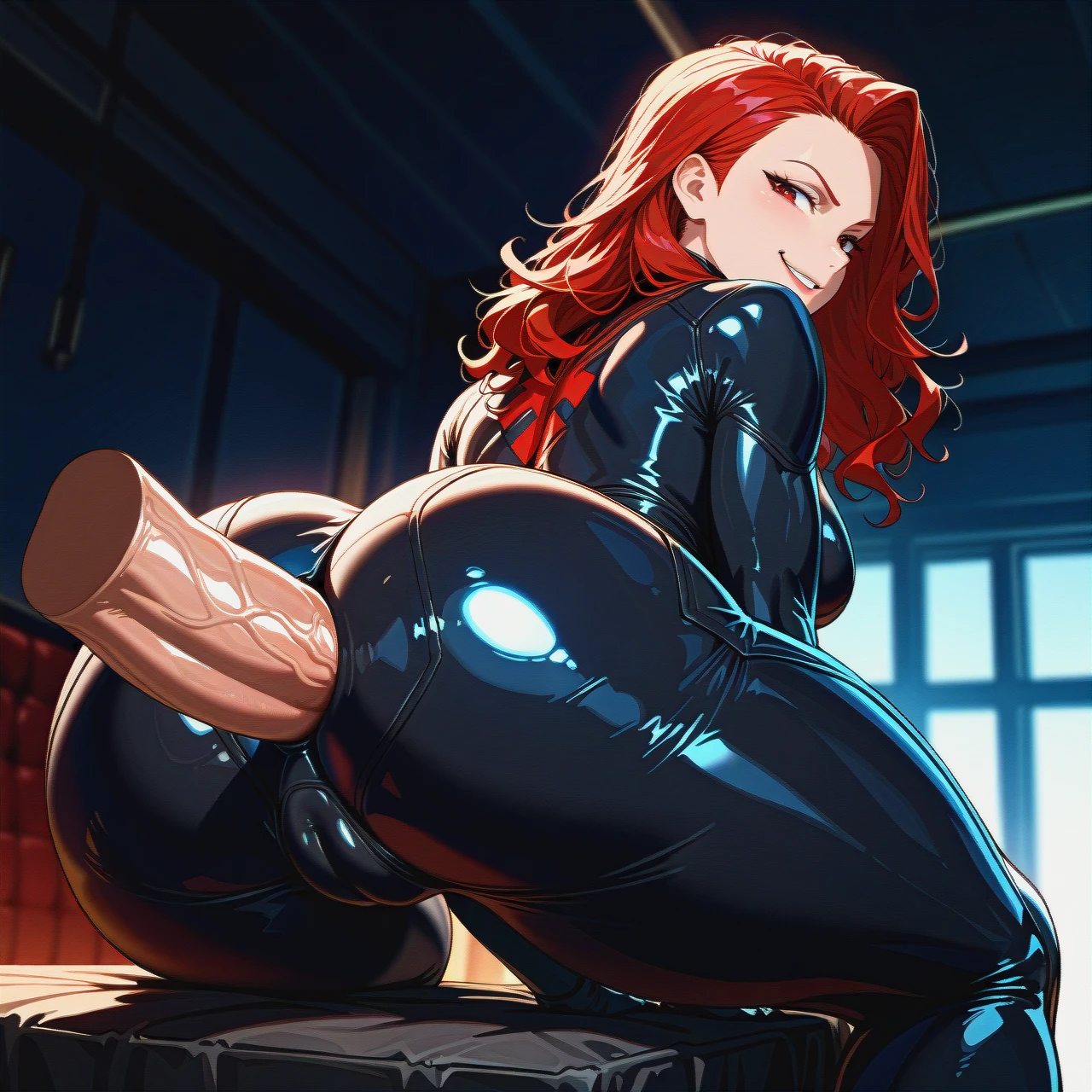 theguywhodrawsalot, (full_body), @black_widow, superheroine, (looking_back), (smirk), bodysuit, skintight, clothed_female, pear_shaped, (medium_breasts), pawg, huge_ass, huge_hips, huge_thighs, disembodied_penis, (through_clothes), anal_through_clothes, forced_in_fabric