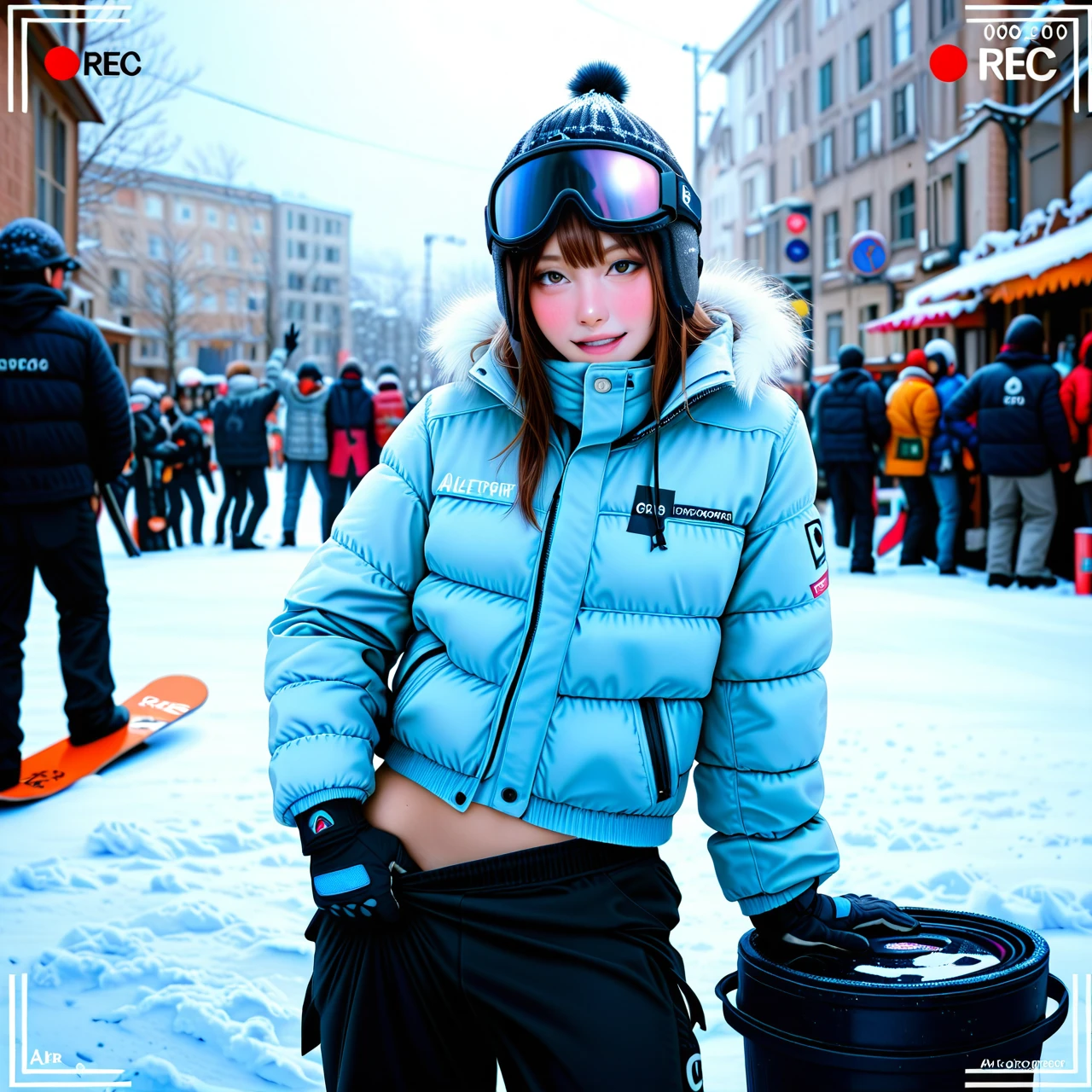 Rec_symbol, recording, (adjusting_pants),(drunk), (arm_support), down_jacket, alleyway , snowfall, gloves, snowboard , people, trash_bin, (v)