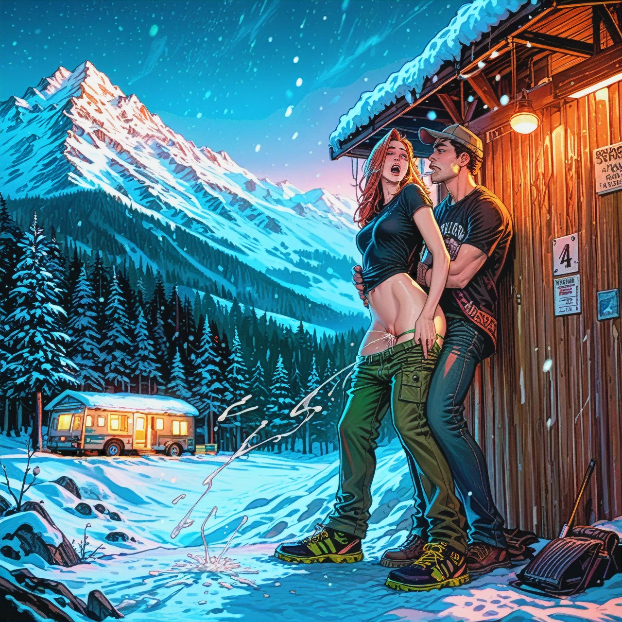 , night_club, neon, top_tank, (fucked_silly) , (full_body) (ejaculation), (hand_under_shirt), (vaginal) , (cum_in_pussy),stealth, penis, 1male ,  green_thong, pants, camp, mountain, snow , warm, down_jacker, poncho, cigarette