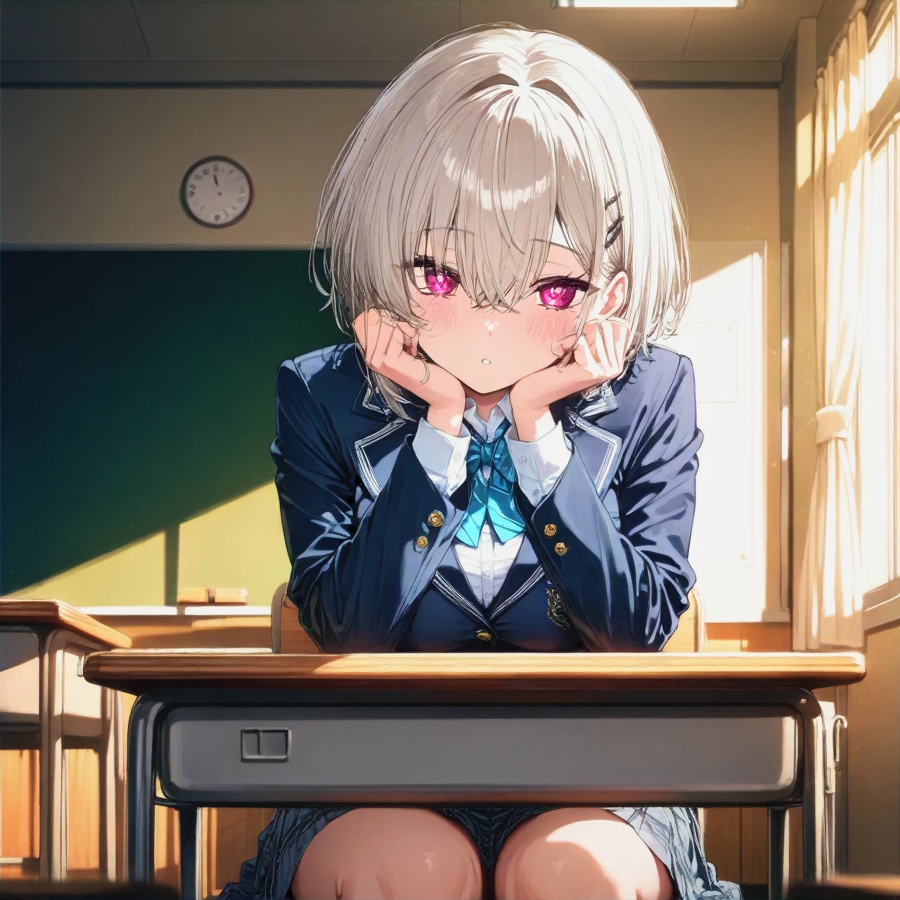 (Character honami ichinose from classroom of the elitee), in school uniform, sitting at a desk, front view