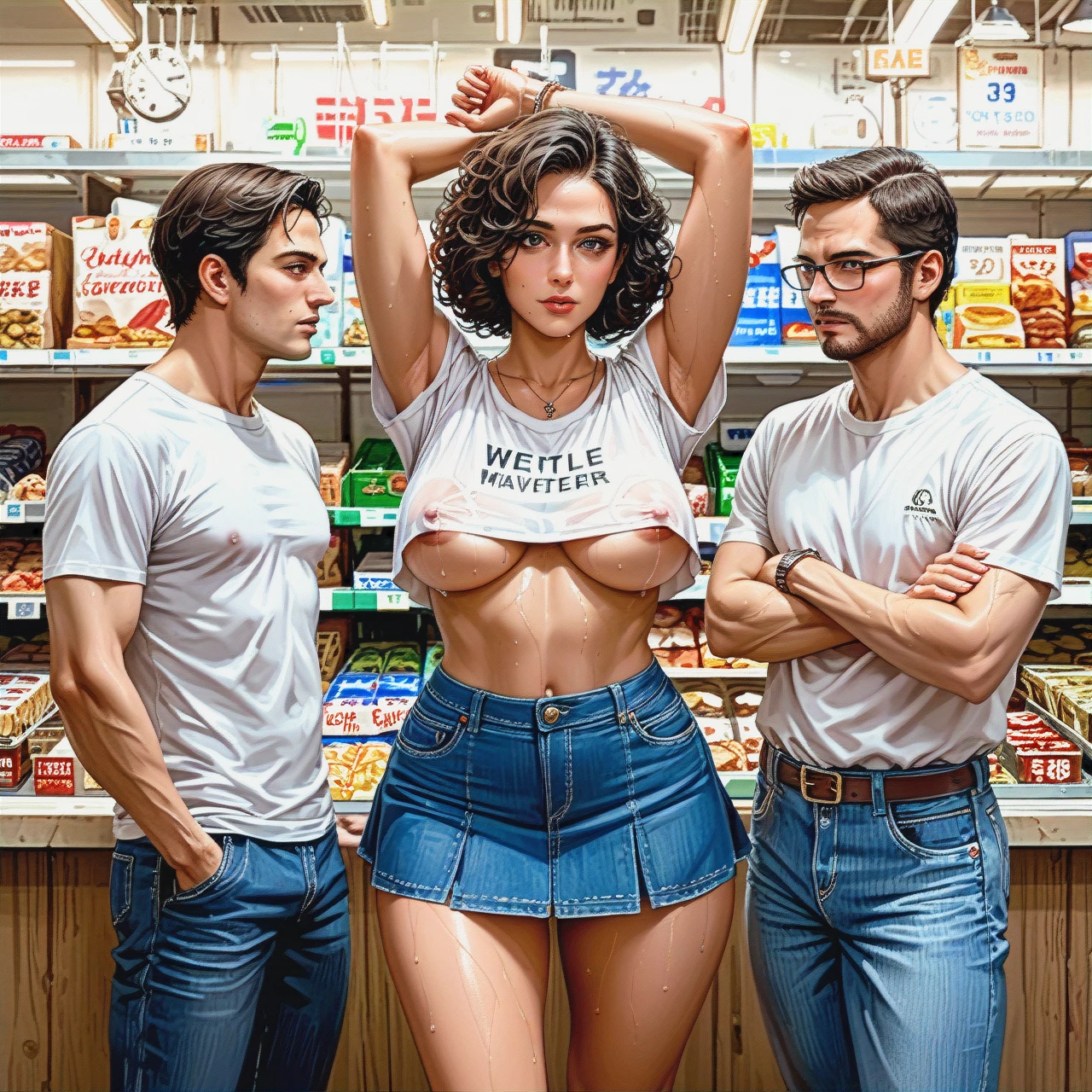 1girl, 2boys, milf, curly hair, fit body, big boobs, sweaty skin, supermarket, loose crop top,  jeans skirt, mini skirt, no panties, ass plug, stretching for goods in higher rack, crop top exposing underboob and nipples, realistic, detailed, boys watching