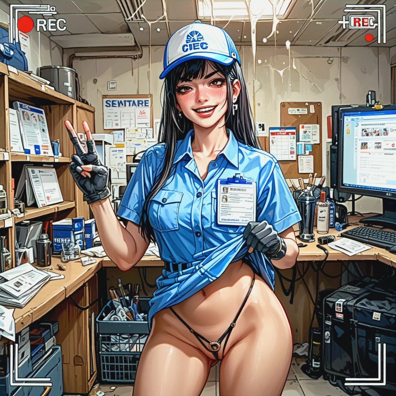 Rec_symbol, recording, (hand_in_pocket),(drunk),office, utility_room, , employee_uniform, gloves, snowboard , people, (v) , 1girl, id_card, micro_thong, crotchless, (clothes_lift), (handjob_gesture)