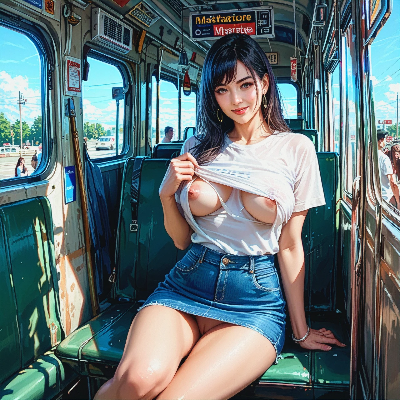 Milf, dark hair, sitting in bus, loose white shirt, seductive smile, lifting shirt up, showing big boobs, erect nipples, jeans skirt, mini skirt, no panties, realistic, detailed, people watching