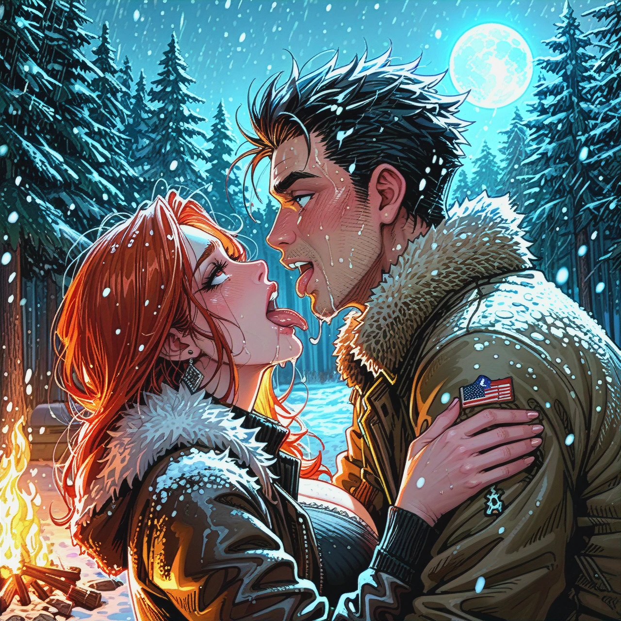 (taut_shirt) , (ahegao), (profile),  (ahegao), (deep_penetration) , coat, warm, wet, snowfall, camp, forest, evening , fire, moon, 1male, old, 1girl, female, milf