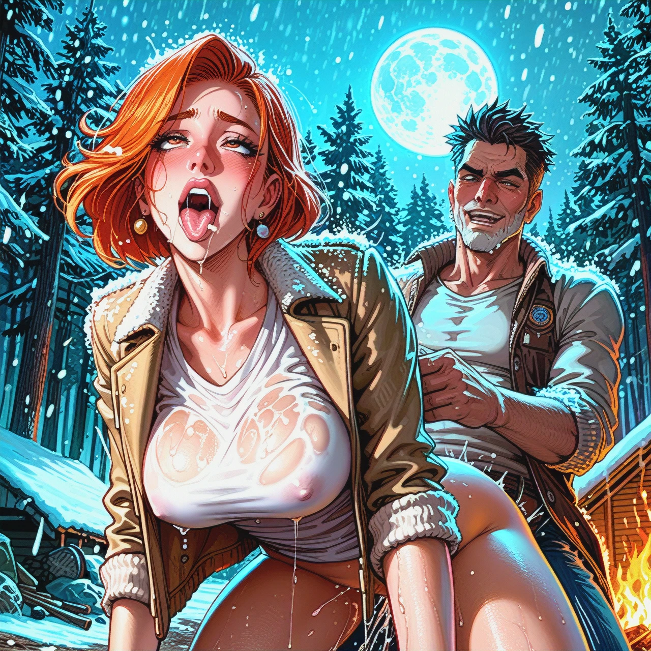 (taut_shirt) , (ahegao), (straight-on),  (ahegao), (deep_penetration) , coat, warm, wet, snowfall, camp, forest, evening , fire, moon, 1male, old, 1girl, female, milf