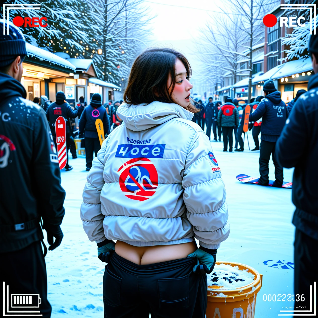 Rec_symbol, recording, (adjusting_pants),(drunk), (arm_support), down_jacket, side_street, snowfall, gloves, snowboard , people, trash_can